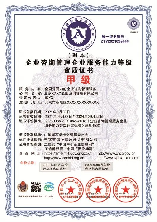 企業(yè)咨詢管理服務(wù)企業(yè)資質(zhì) 一級證書